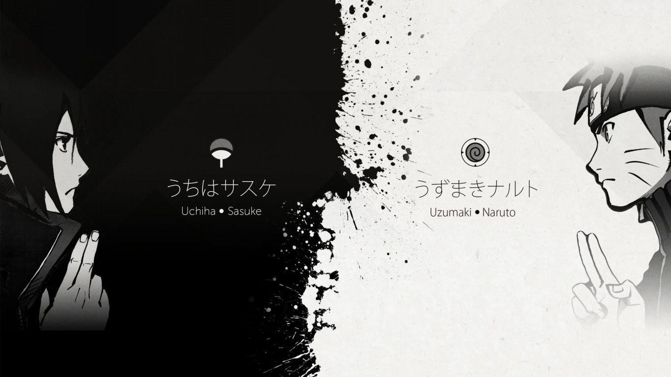 Sasuke Uchiha, Naruto Uzumaki, Schwarz-Weiß, Rivalen, Kontrast, HD, Desktop-Hintergrund