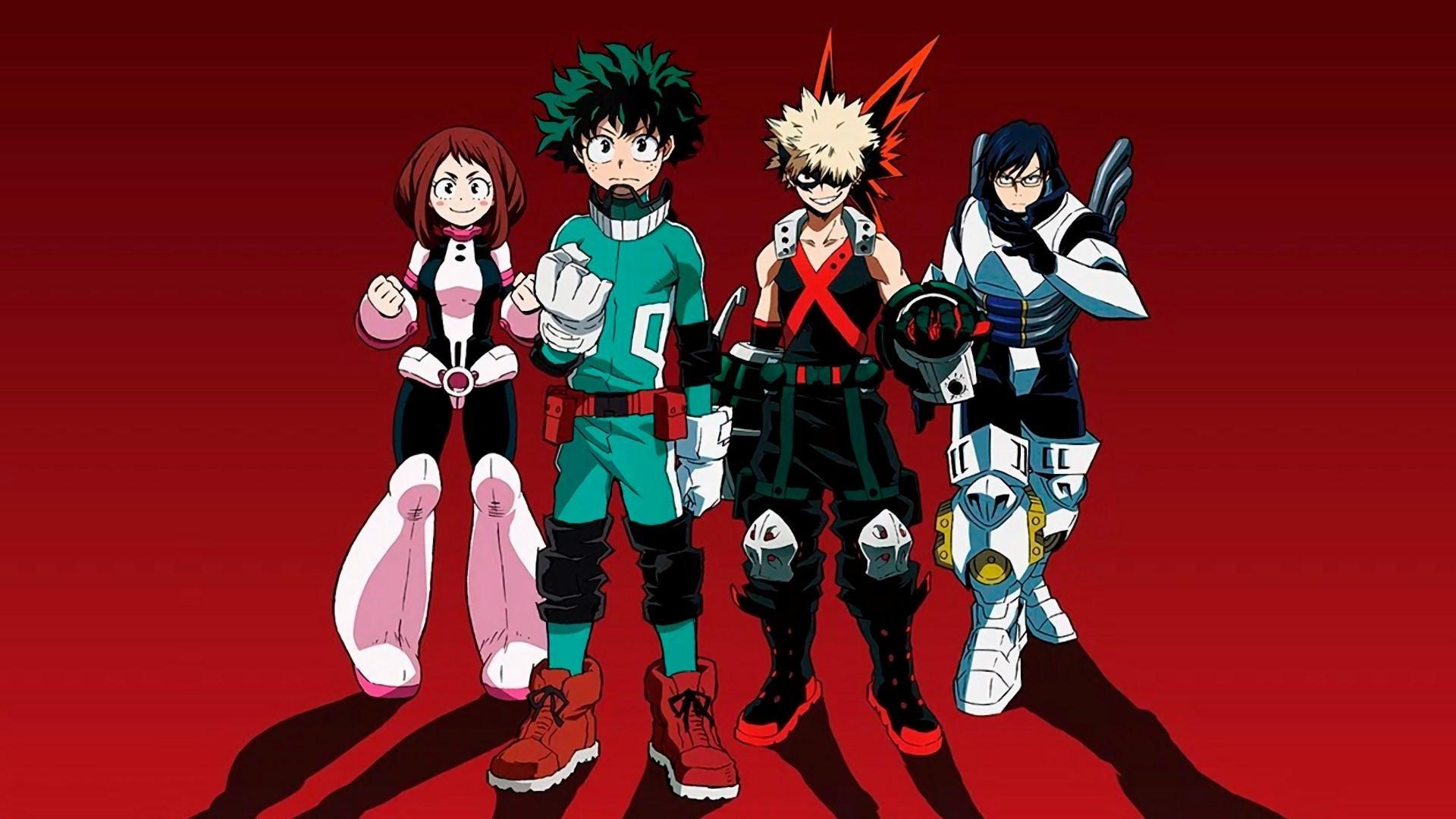 Ochaco Uraraka, Izuku Midoriya, Katsuki Bakugo, Tenya Iida, My Hero Academia, Heldenkostüm, Roter Hintergrund, 1080p Wallpaper