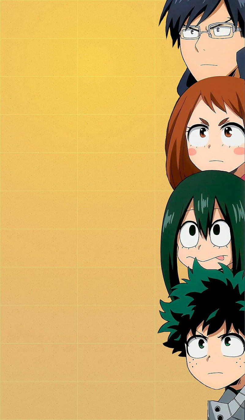 Izuku Midoriya, Ochaco Uraraka, Tsuyu Asui, My Hero Academia, Gelber Hintergrund, Sperrbildschirm