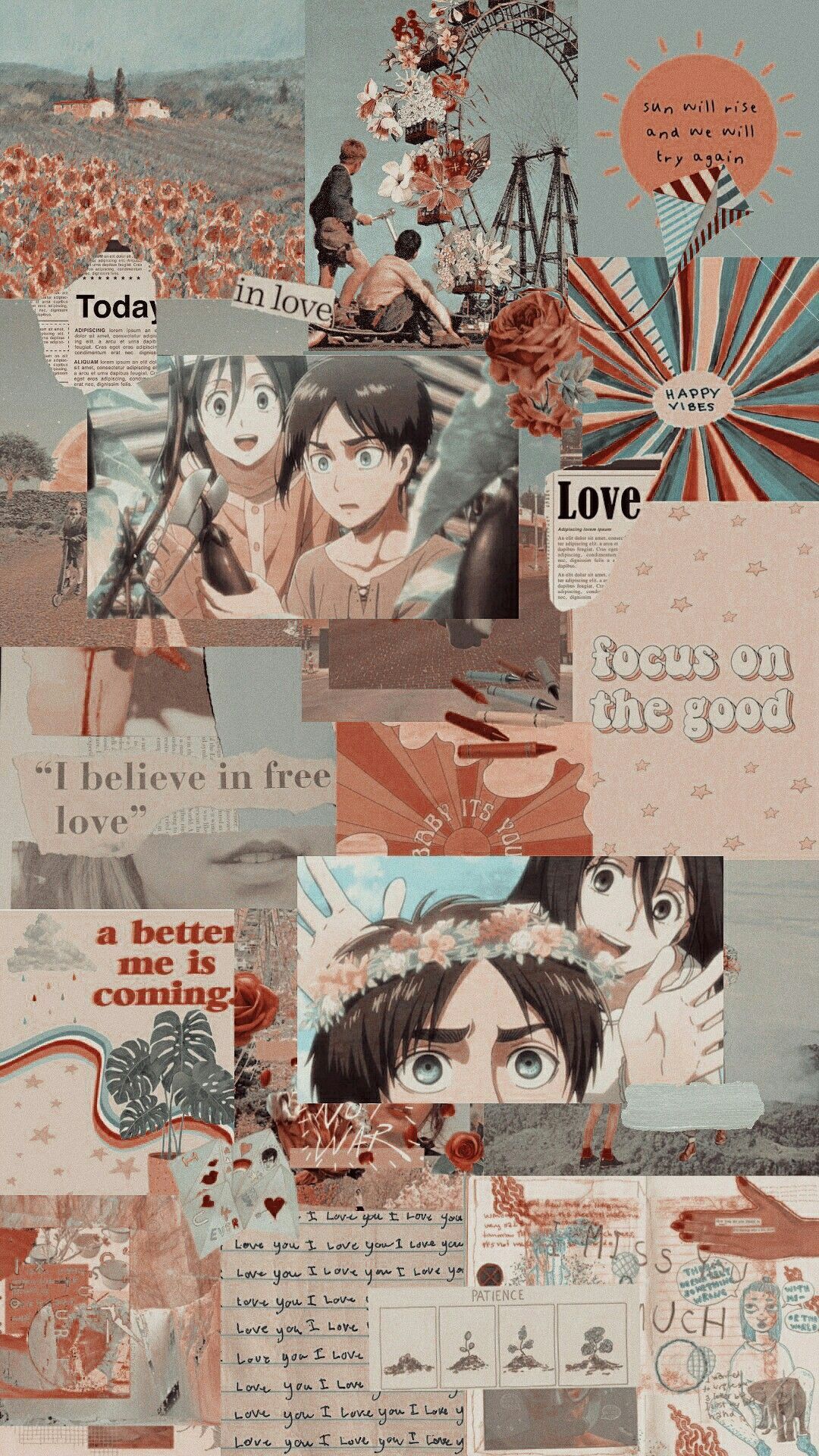 Attack on Titan, Collage, Eren Jäger, Mikasa Ackerman, Ästhetik, Pfirsichfarben, Sperrbildschirm