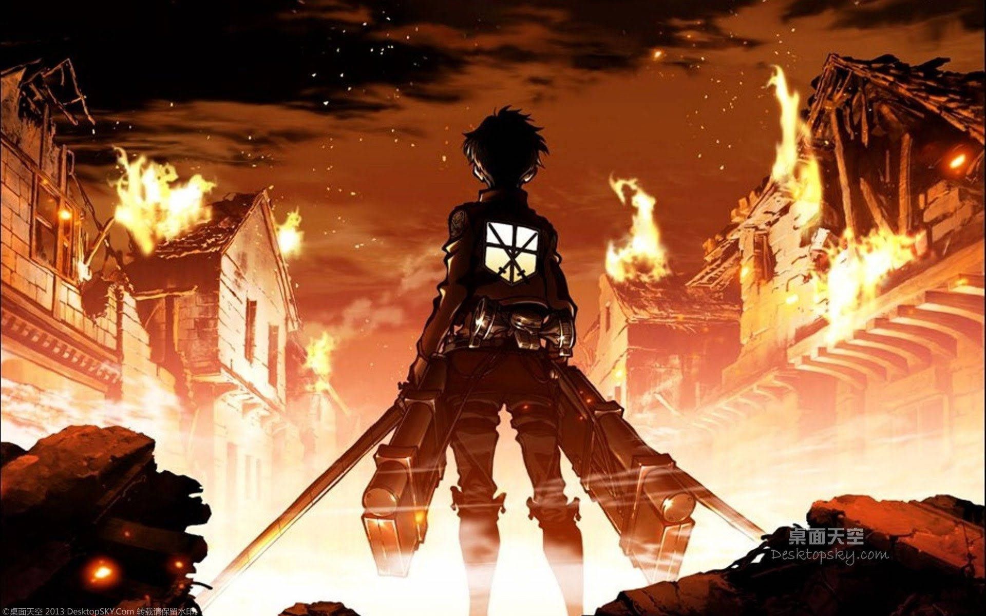 Eren Jäger, Attack on Titan, Aufklärungstrupp, Flammen, Brennende Stadt, Full HD, Laptop-Hintergrundbild