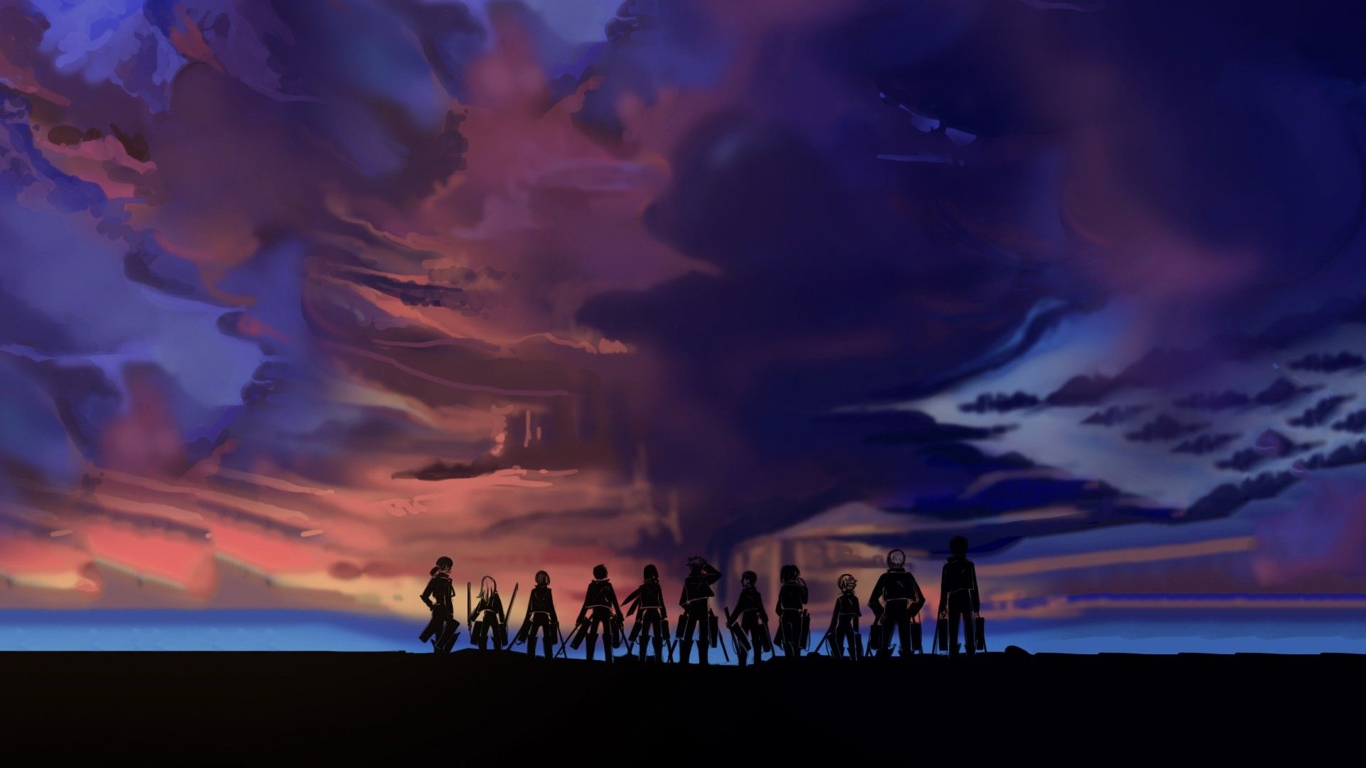 Attack on Titan, Aufklärungstrupp, Silhouetten, Sonnenuntergang, Wolken, Lila, 1080p-Hintergrundbild