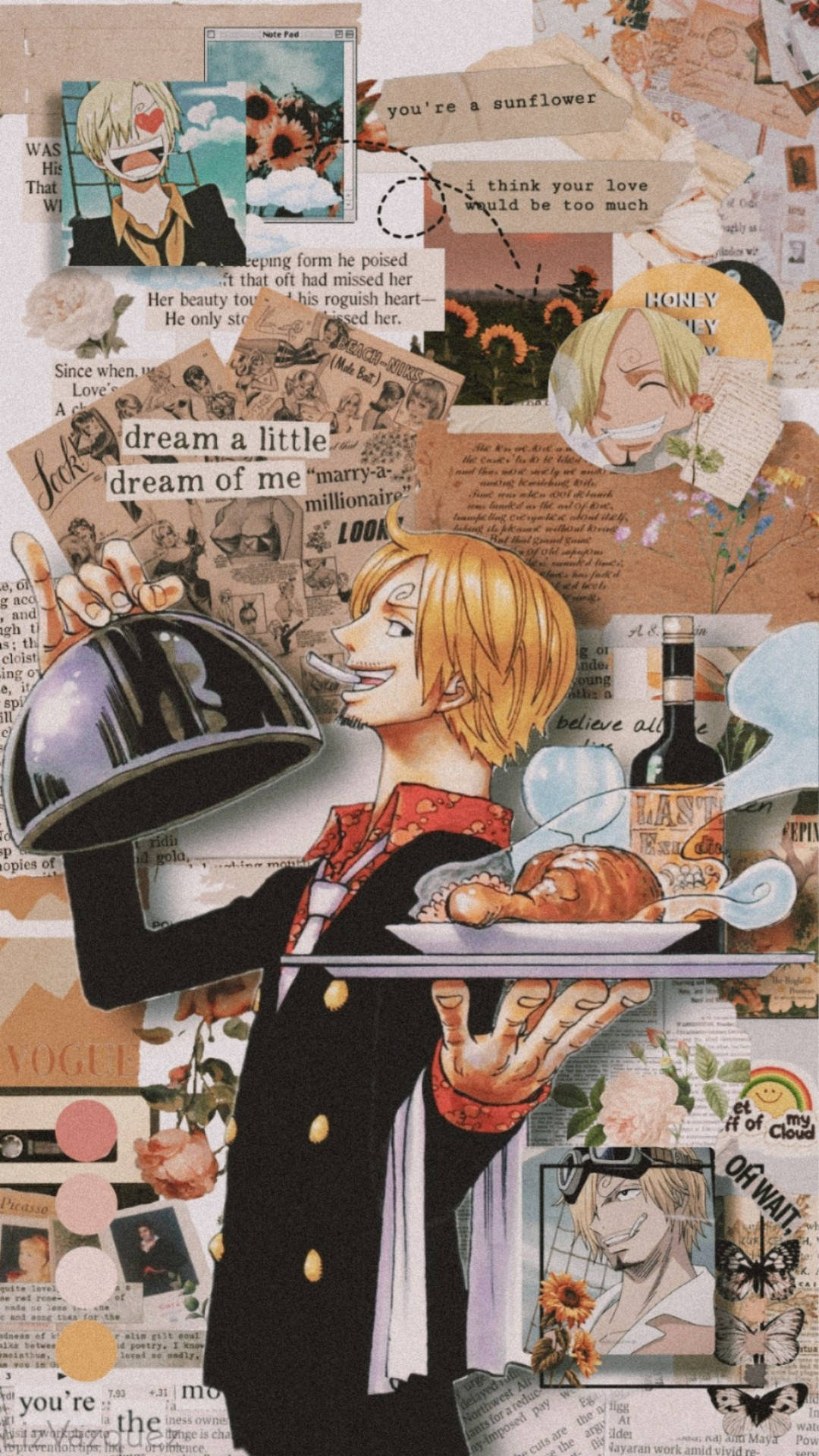 Sanji, One Piece, Collage, Beige, Ästhetik, Full HD, Sperrbildschirm fürs iPhone