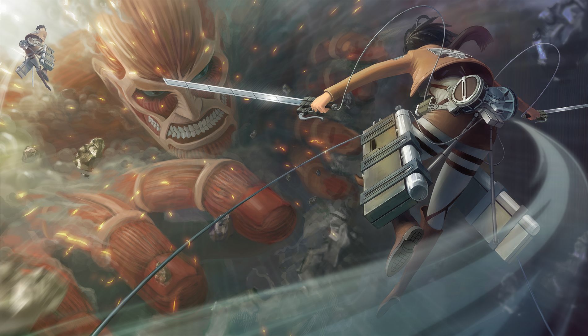 Kolossaler Titan, Eren Jäger, Attack on Titan, Manöverausrüstung, Kampf, HD-Hintergrundbild für PC