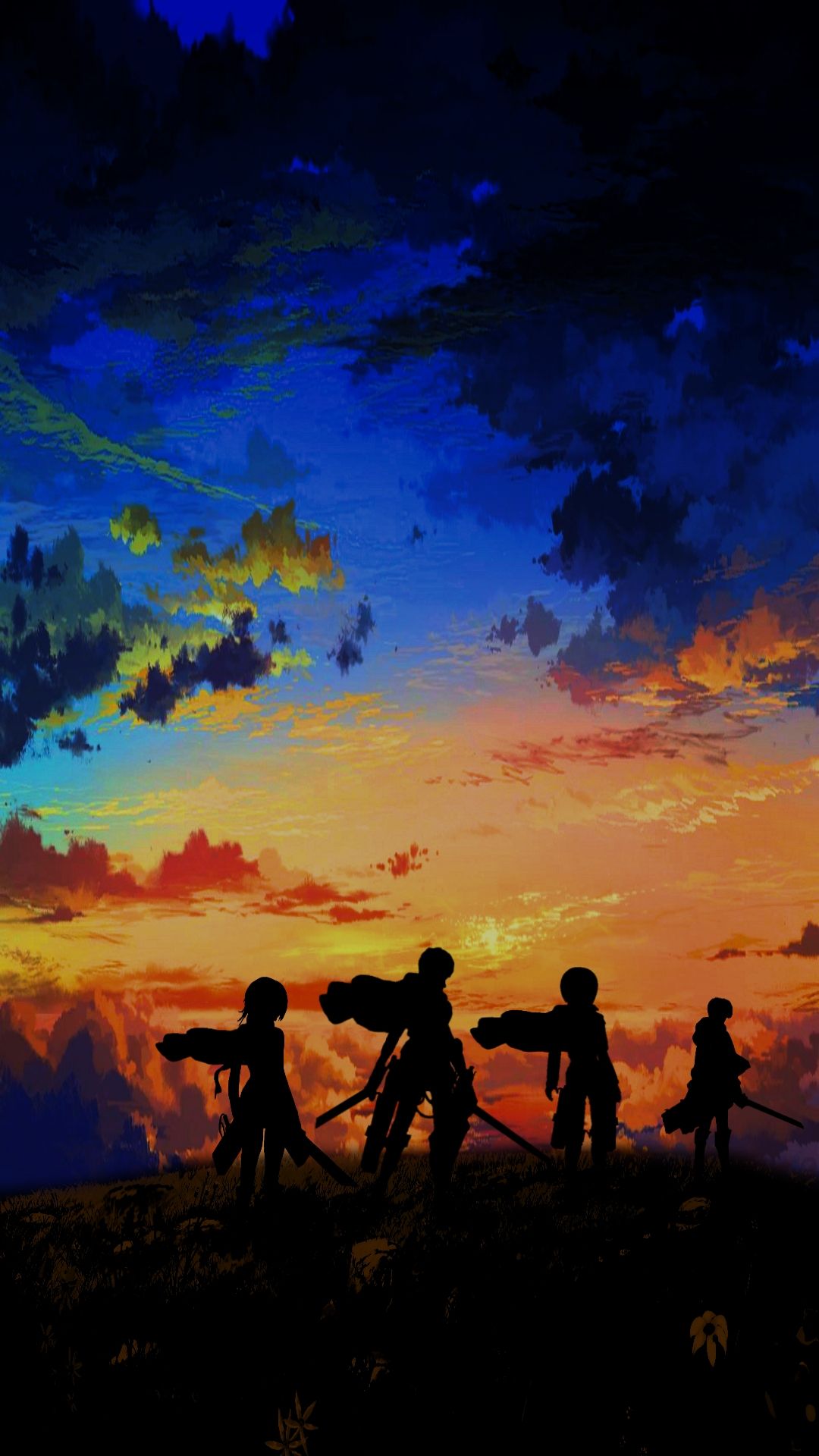 Attack on Titan, Silhouetten, Sonnenuntergang, Bunte Wolken, Himmel, Full HD, iPhone-Hintergrundbild