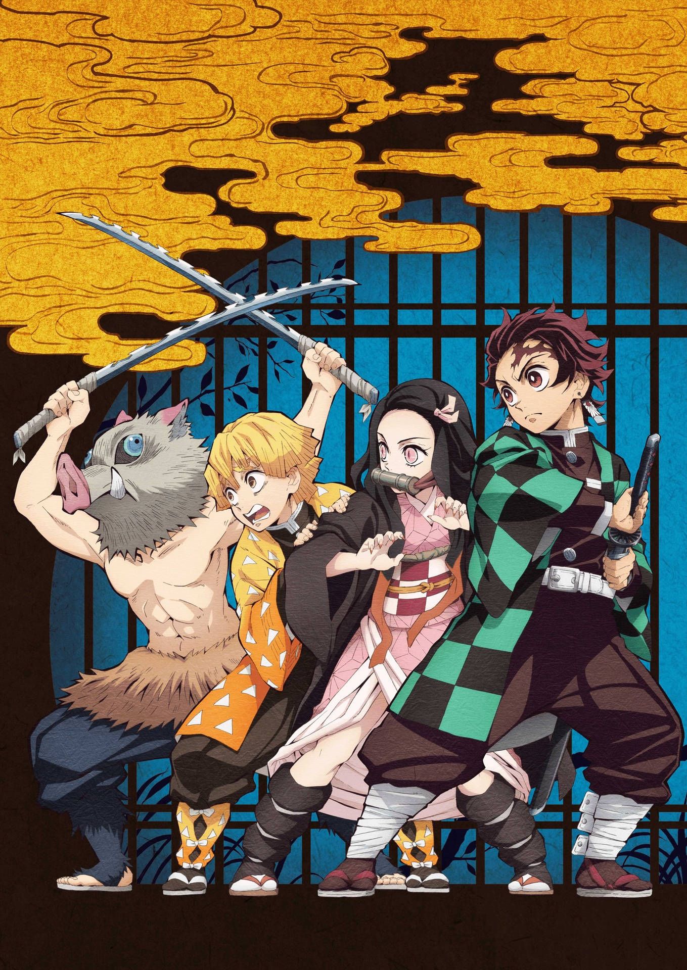 Tanjiro Kamado, Nezuko Kamado, Zenitsu Agatsuma, Inosuke Hashibira, Demon Slayer, Gold, Full-HD-Tablet-Hintergrundbild