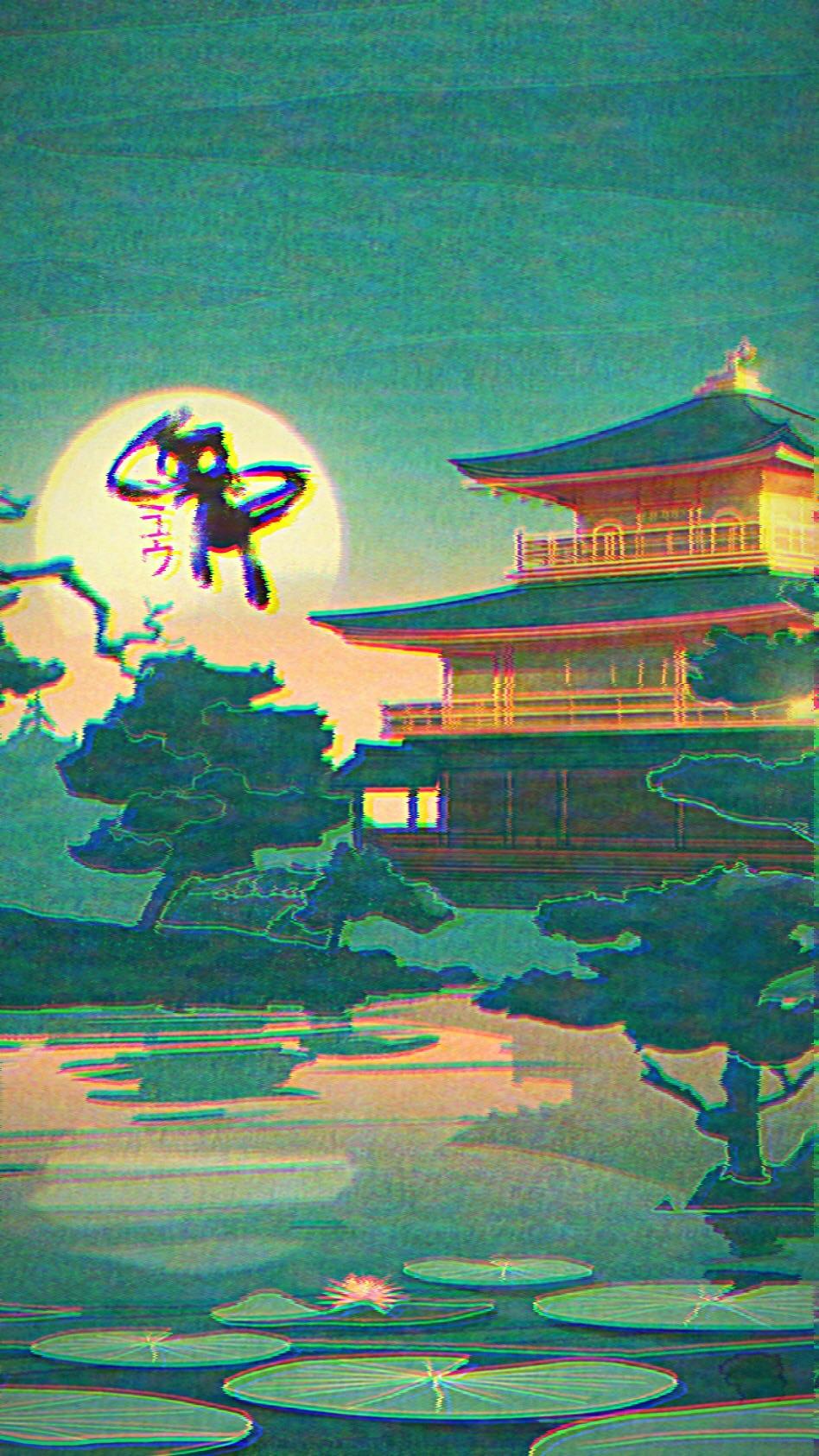 Pokémon, Pagode, Vollmond, Seerosen, Japanischer Stil, Hochformat, Hintergrundbild fürs Smartphone