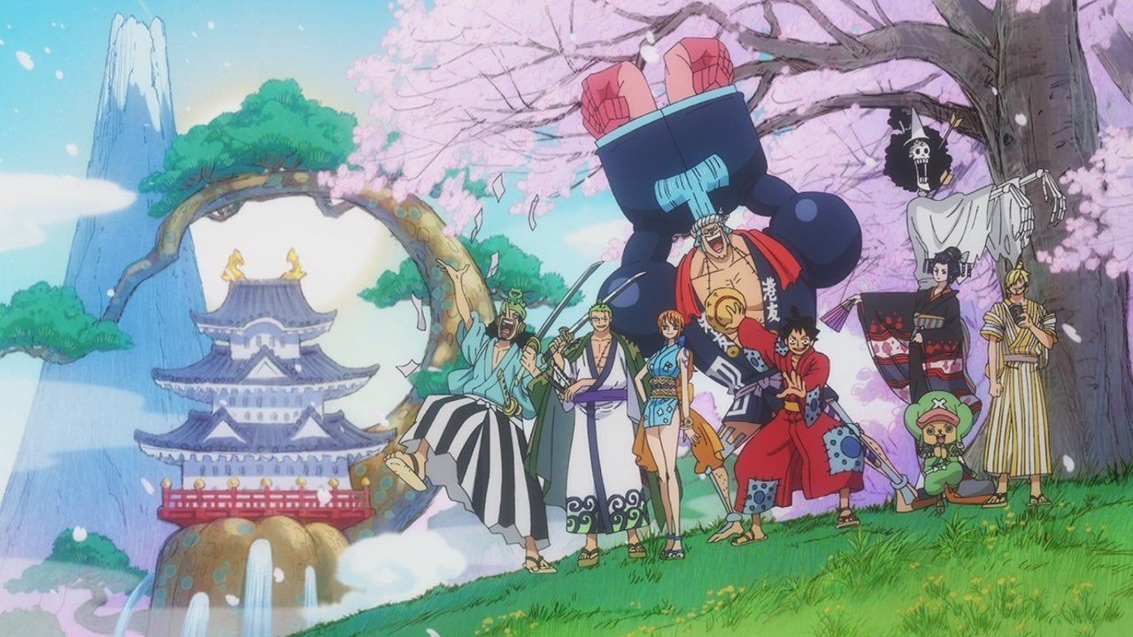 Strohhutbande, Wano Kuni, One Piece, Kirschblüten, Japanisches Schloss, HD, Desktop-Hintergrund