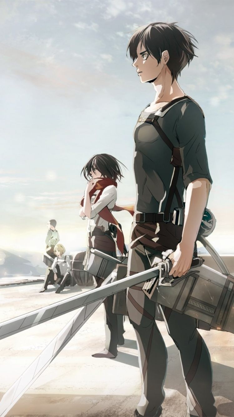 Eren Jäger, Mikasa Ackerman, Armin Arlert, Attack on Titan, Schwerter, Hell, Hochformat-Hintergrundbild