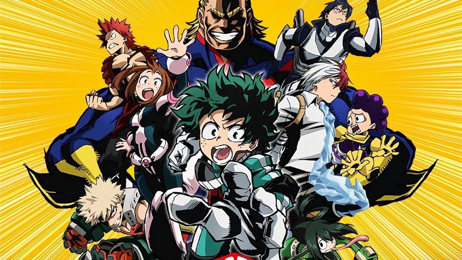 Izuku Midoriya, All Might, Katsuki Bakugo, Ochaco Uraraka, Shoto Todoroki, Klasse 1-A, My Hero Academia, Gelber Hintergrund, 1080p Wallpaper