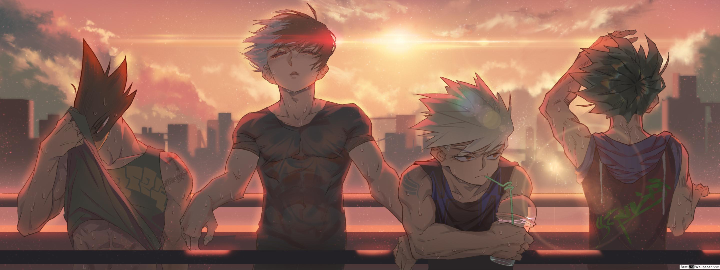Eijiro Kirishima, Shoto Todoroki, Katsuki Bakugo, Izuku Midoriya, My Hero Academia, Sonnenuntergang, Skyline, 2K-Hintergrundbild