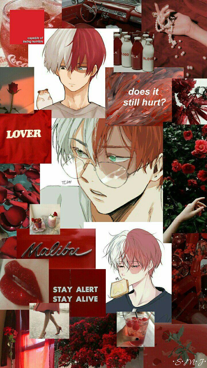 Shoto Todoroki, My Hero Academia, Collage, Rot, Rosen, Hintergrundbild für iPhone und Android