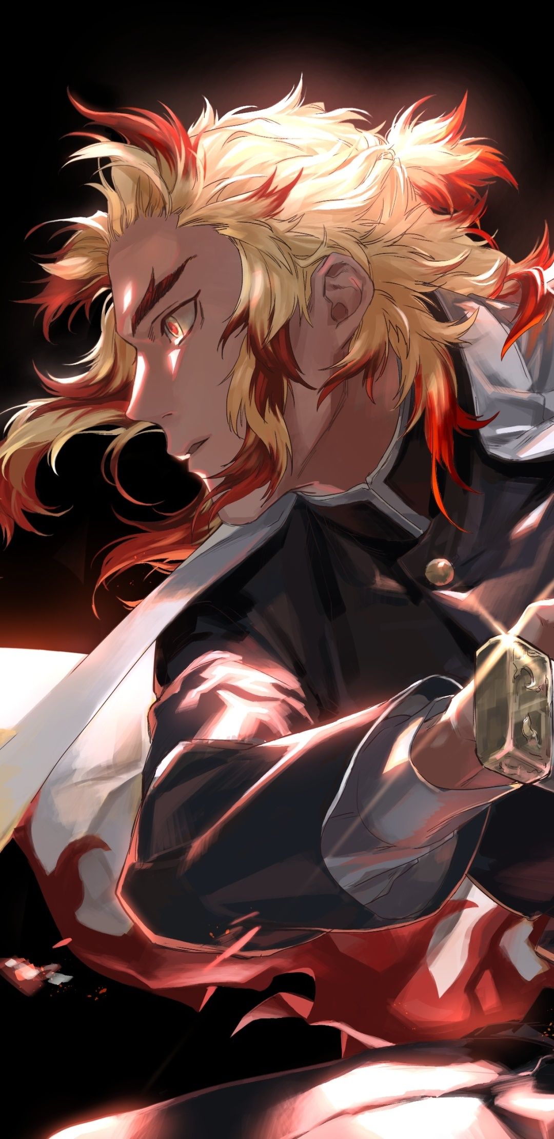 Kyojuro Rengoku, Demon Slayer, Flammen, Dunkel, Rot, Full HD, Hintergrundbild fürs Handy