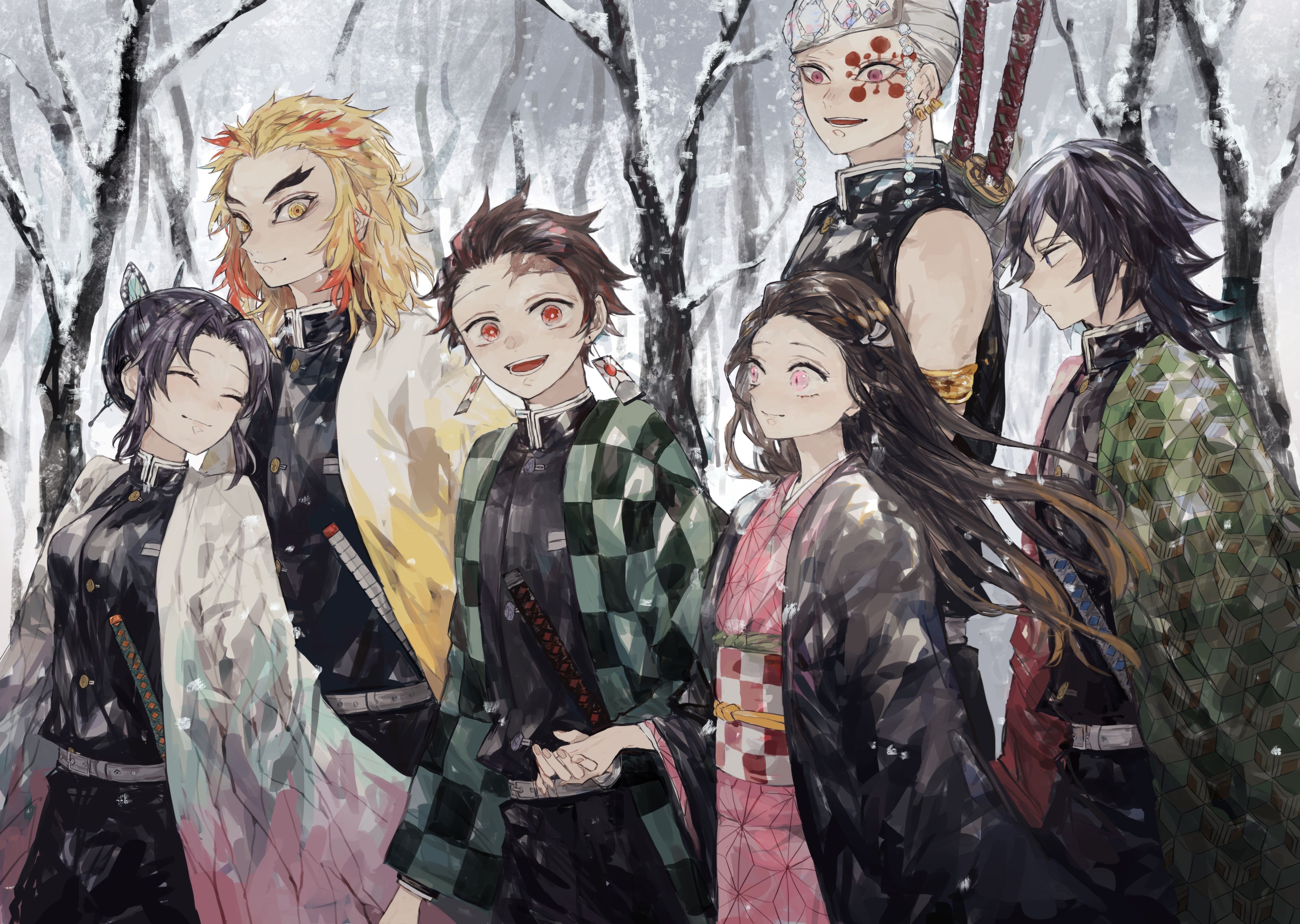 Demon Slayer, Hashira, Tanjiro Kamado, Nezuko Kamado, Kyojuro Rengoku, Schnee, 4K-PC-Hintergrundbild