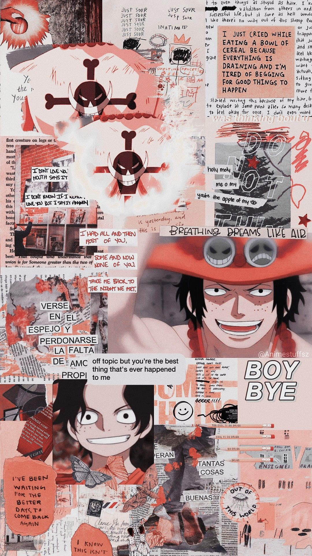 Portgas D. Ace, One Piece, Collage, Rot, Ästhetik, Full HD, Handy-Hintergrund im Hochformat