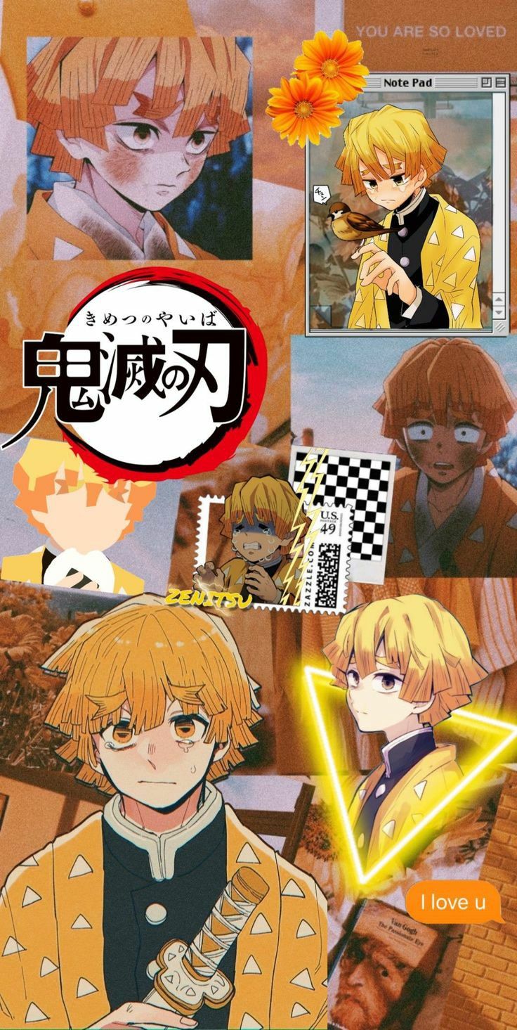 Zenitsu Agatsuma, Demon Slayer, Collage, Gelb, Orange, Hochformat, Hintergrundbild fürs Smartphone