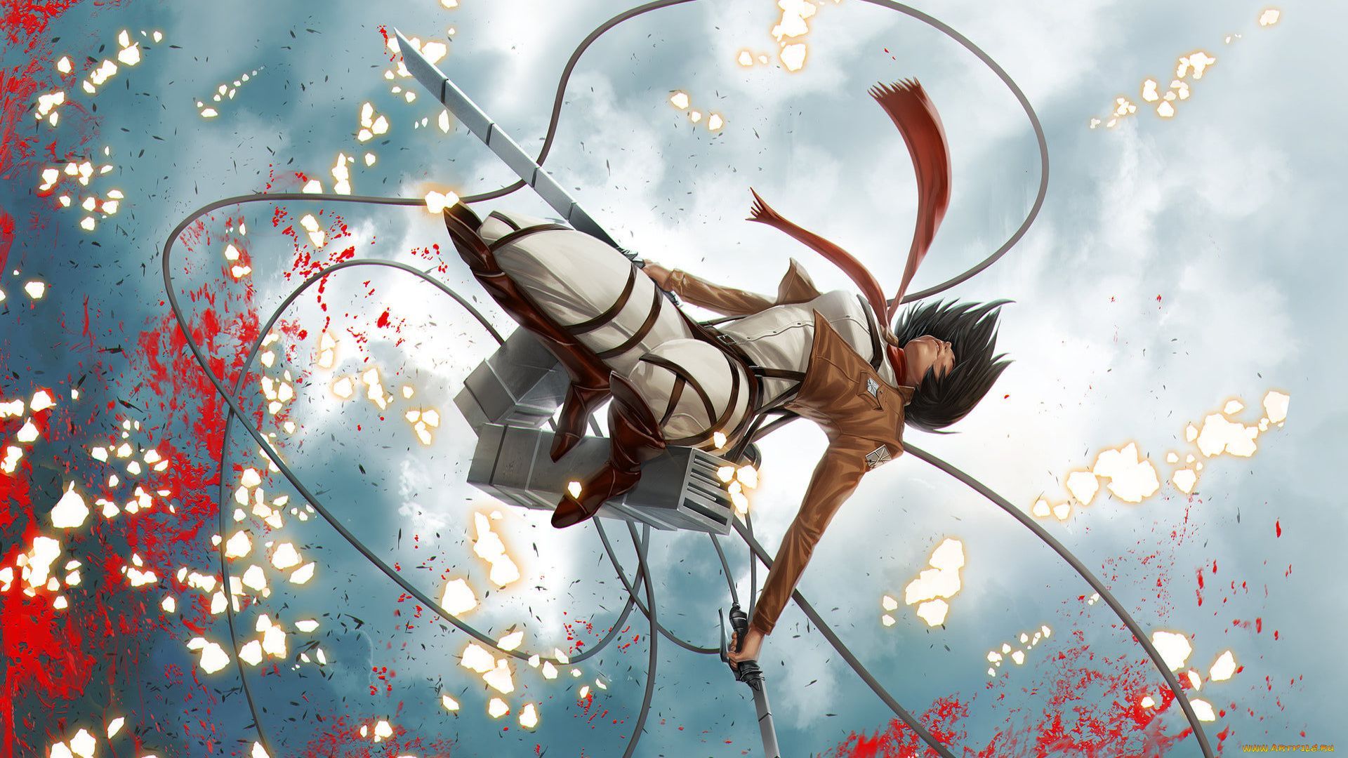 Mikasa Ackerman, Attack on Titan, Manöverausrüstung, Sprung, Blut, Himmel, Full-HD-Hintergrundbild für PC