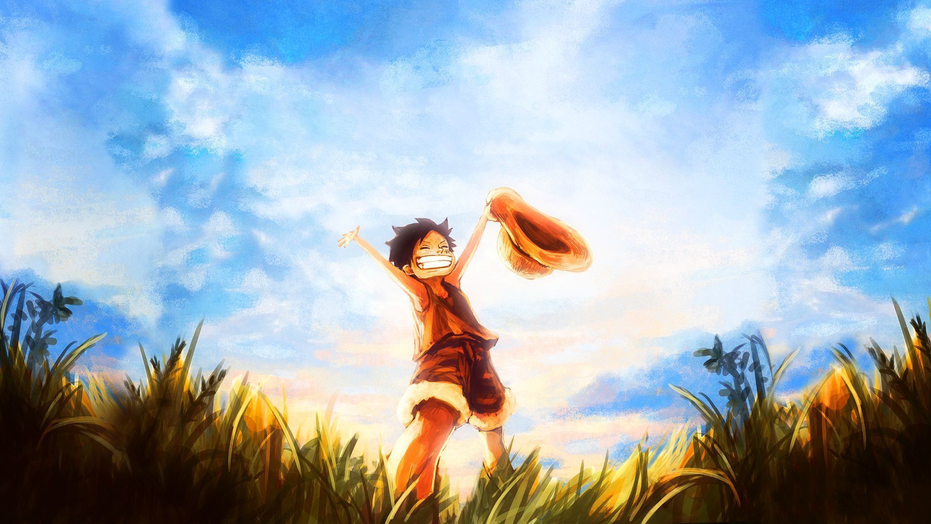 Monkey D. Ruffy, One Piece, Strohhut, Blauer Himmel, Gras, Full HD, PC-Hintergrundbild