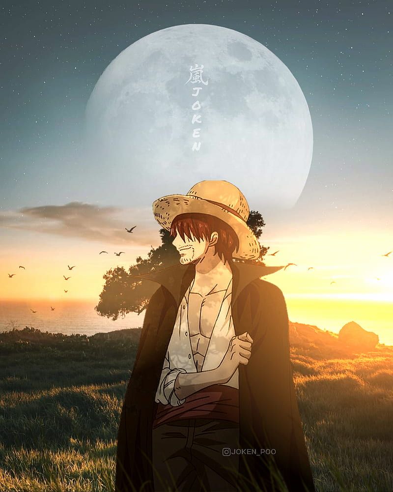 Shanks, One Piece, Strohhut, Vollmond, Sonnenuntergang, HD, Hintergrundbild fürs Tablet