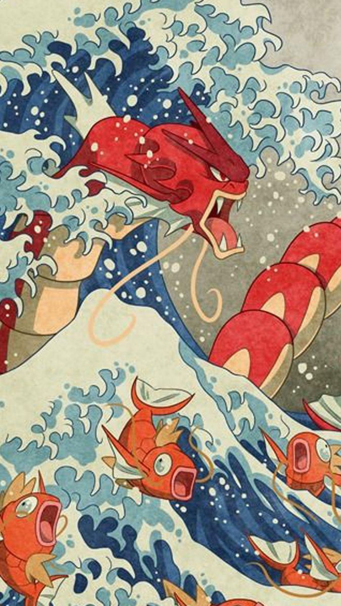 Garados, Karpador, Die große Welle vor Kanagawa, Japanischer Holzschnitt, Wellen, Smartphone-Hintergrund