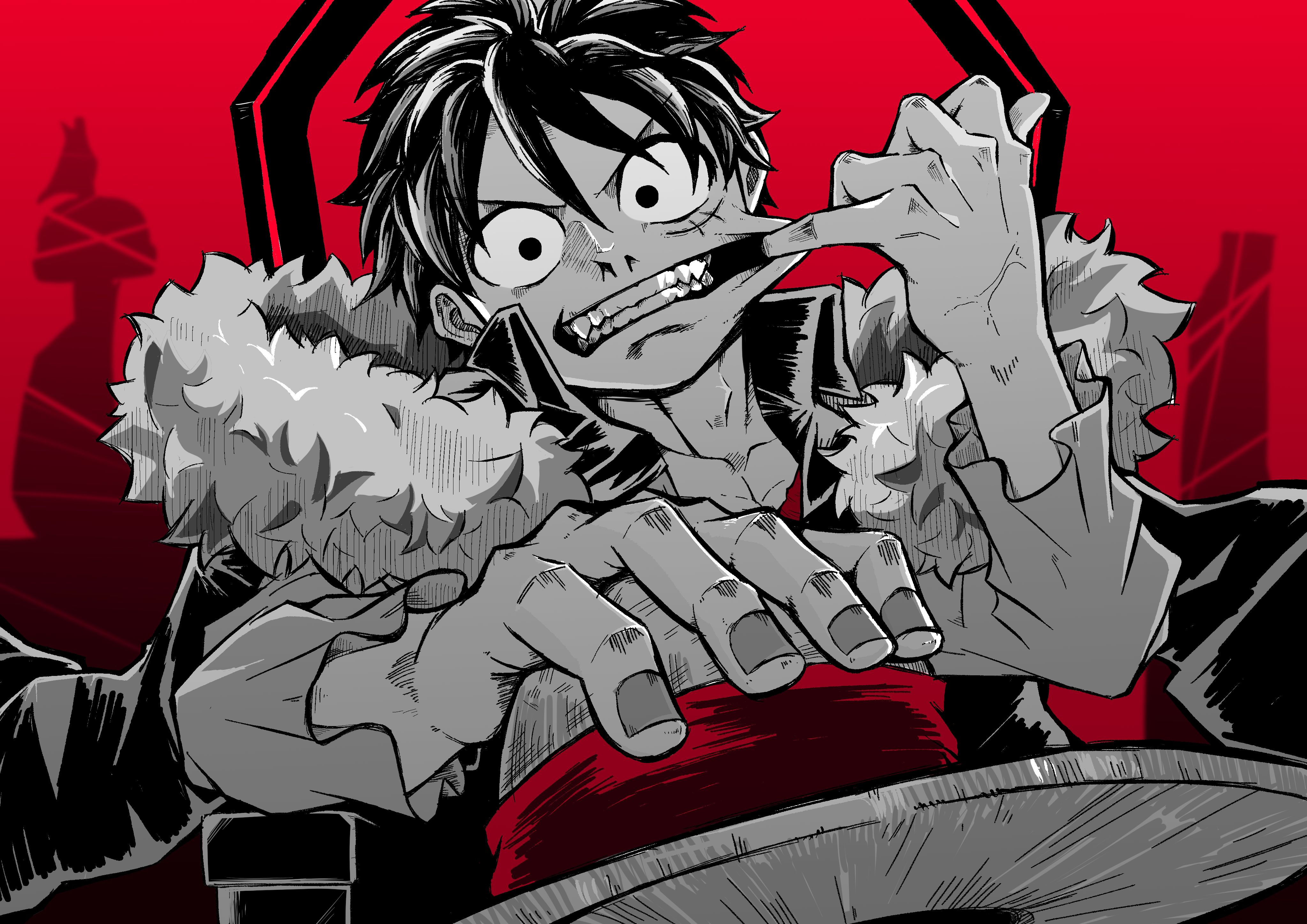 Monkey D. Ruffy, One Piece, Manga, Rot, Grau, 4K, Hintergrundbild für den PC