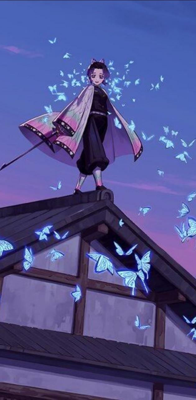 Shinobu Kocho, Demon Slayer, Schmetterlinge, Dach, Blau, Android-Hintergrundbild