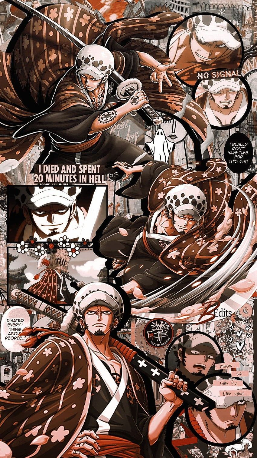 Trafalgar Law, One Piece, Manga-Collage, Braun, Hochformat, Hintergrundbild fürs Smartphone