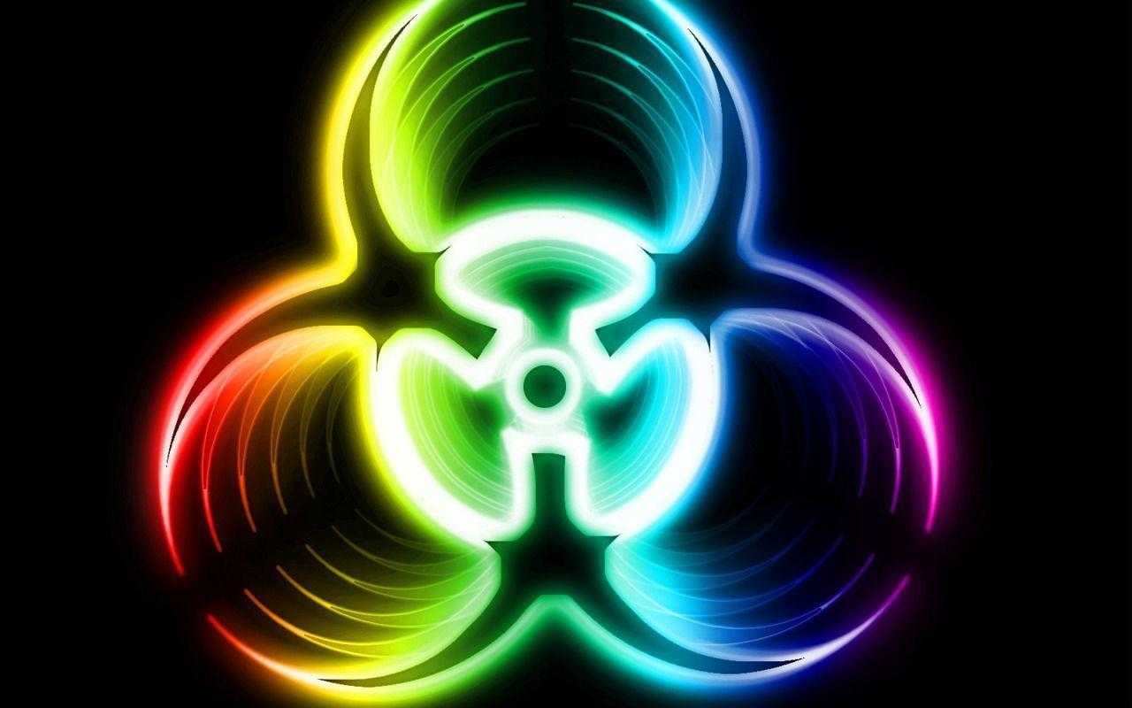 Biohazard-Symbol, Regenbogenfarben, Schwarzer Hintergrund, Leuchtend, HD Wallpaper