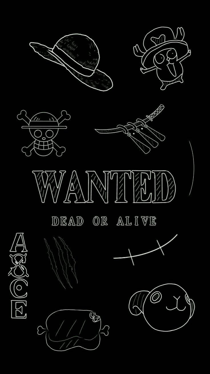 One Piece, Steckbrief, Wanted Dead or Alive, Strichzeichnung, Schwarzer Hintergrund, Sperrbildschirm