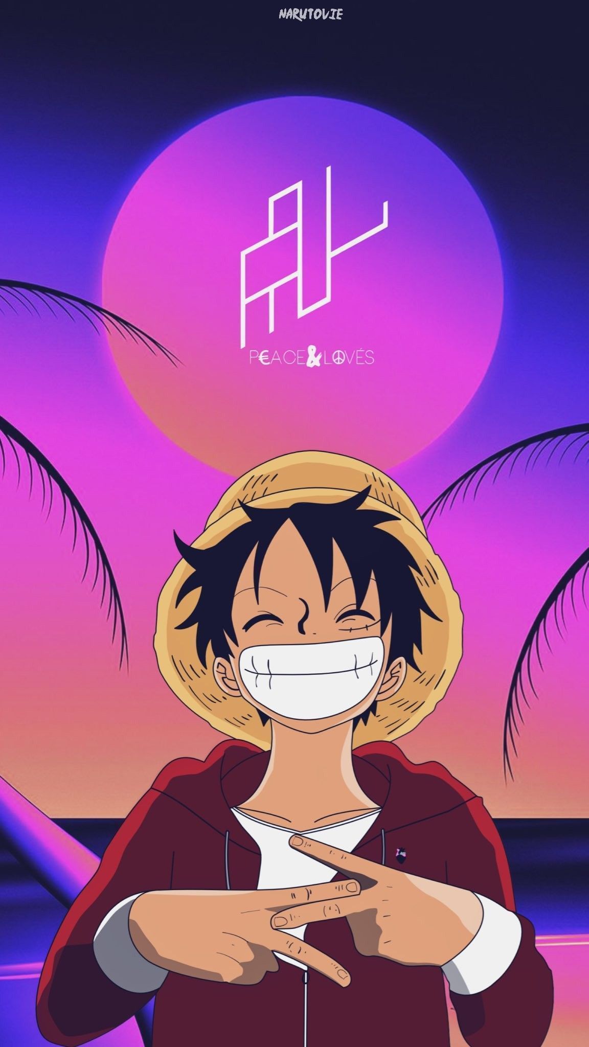 Monkey D. Ruffy, One Piece, Retro, Lila Farbverlauf, Grinsen, Full HD, Handy-Hintergrundbild