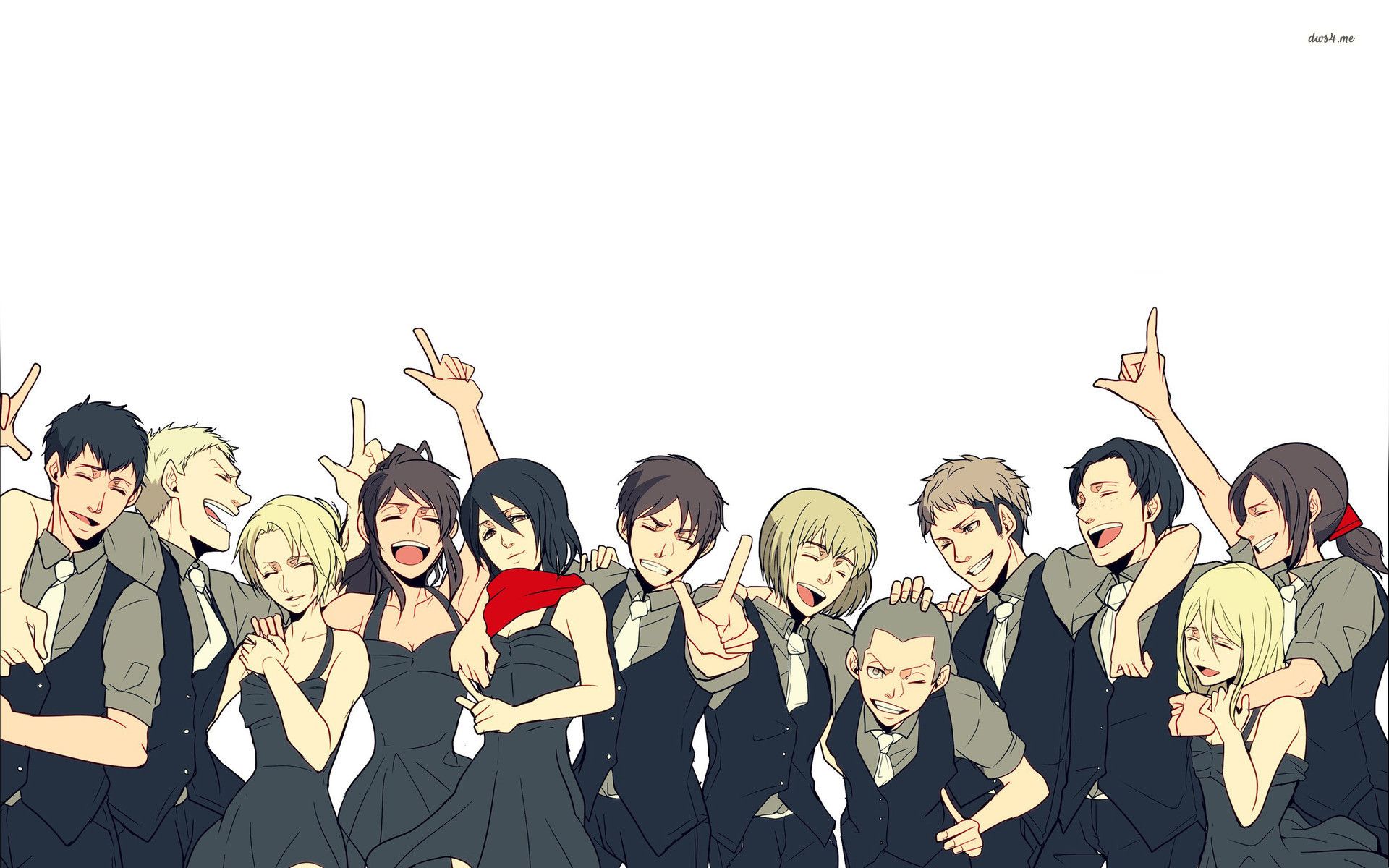 Attack on Titan, Gruppe, Feier, Schwarze Kleidung, Weißer Hintergrund, Full HD Wallpaper