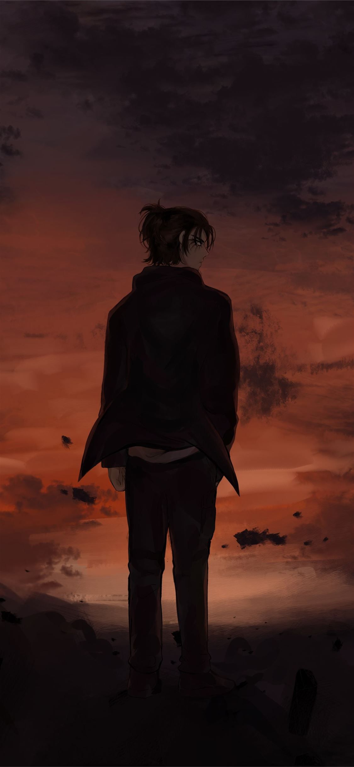 Eren Jäger, Attack on Titan, Silhouette, Sonnenuntergang, Dunkel, 1125x2436, Handy-Hintergrund