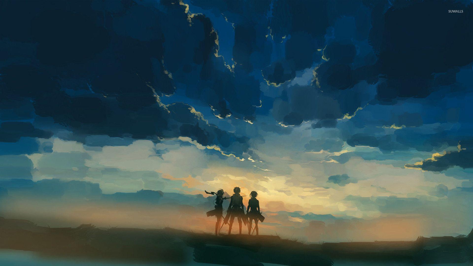 Eren Jäger, Mikasa Ackerman, Armin Arlert, Attack on Titan, Himmel, Wolken, Full HD, Breitbild-Hintergrundbild