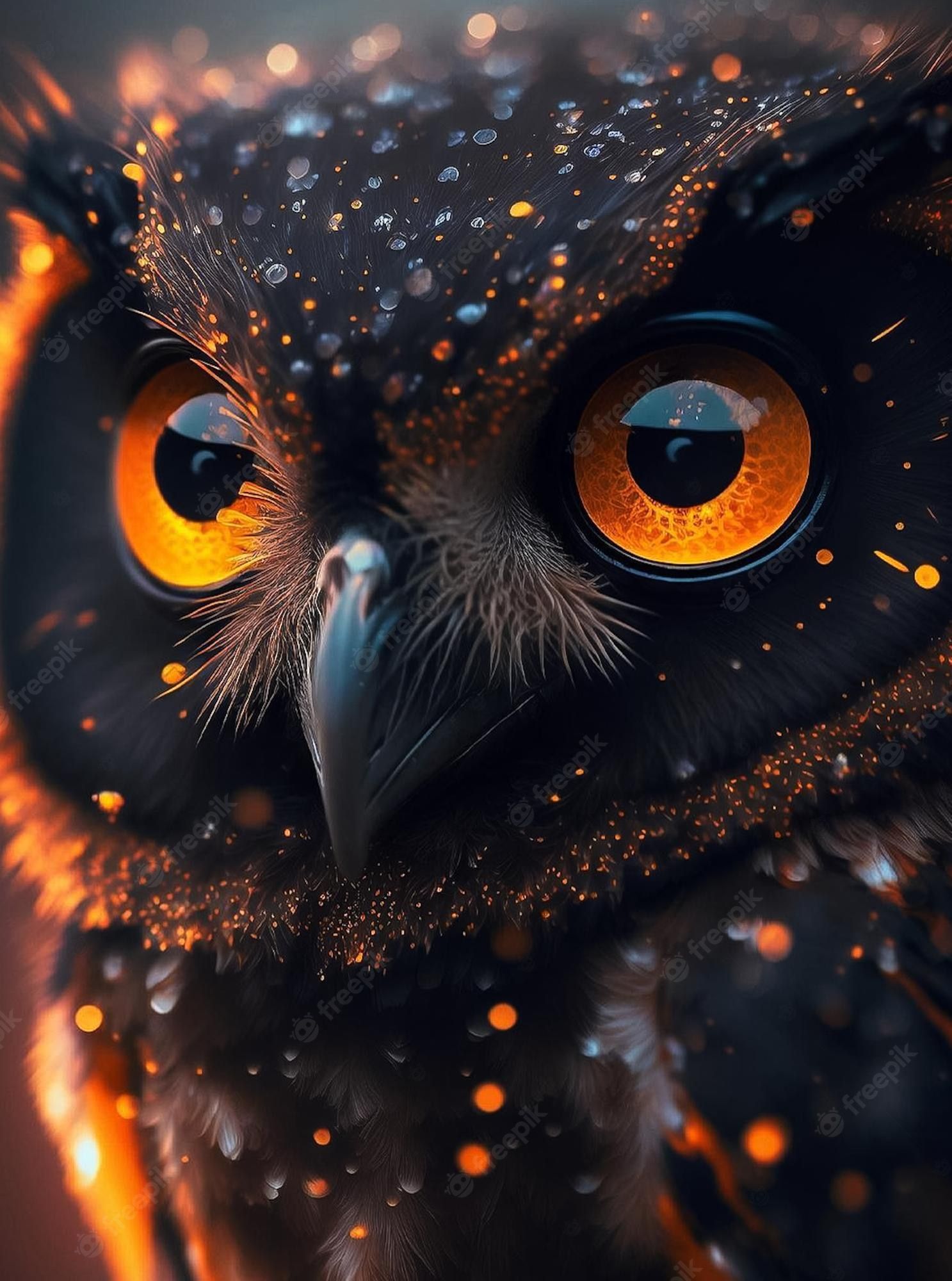 Eule, Orange Augen, Glitzer, Dunkel, Digitale Kunst, QHD+, iPad-Hintergrundbild