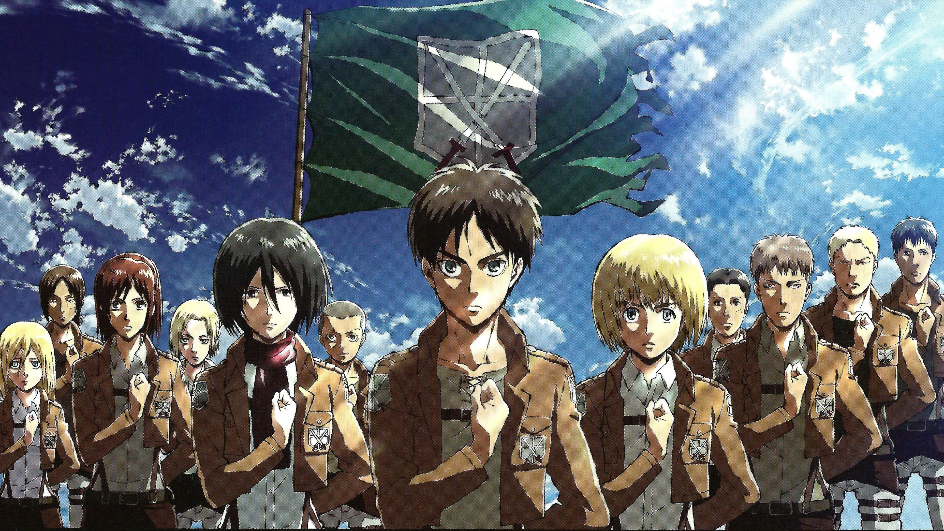 Attack on Titan, 104. Trainingskorps, Eren Jäger, Mikasa Ackerman, Armin Arlert, Flagge, 4K Wallpaper