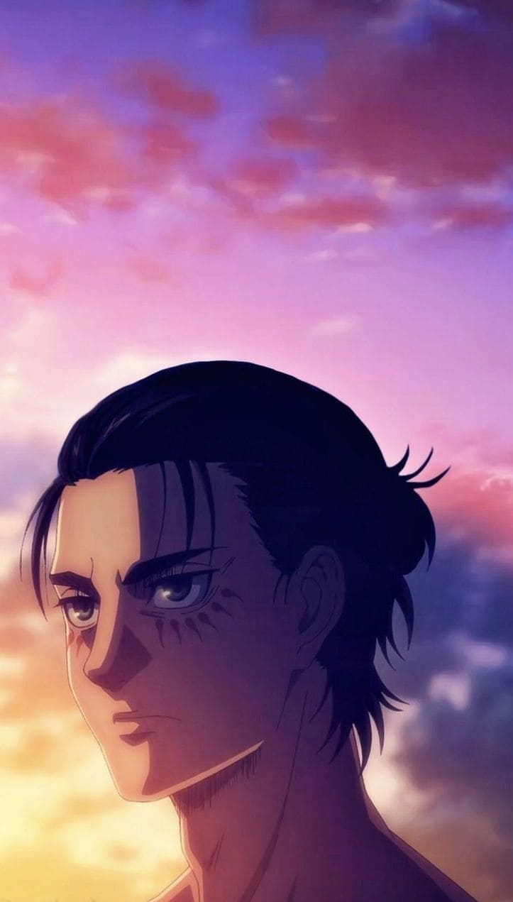 Eren Jäger, Attack on Titan, Porträt, Sonnenuntergang, Lila Himmel, HD, Handy-Hintergrund