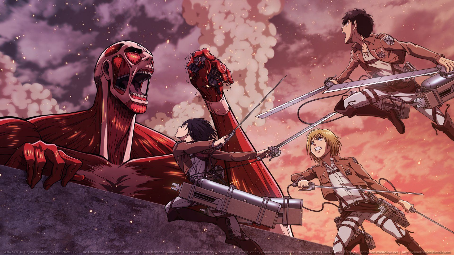 Kolossaler Titan, Eren Jäger, Mikasa Ackerman, Armin Arlert, Attack on Titan, Kampf, Full-HD-Hintergrundbild
