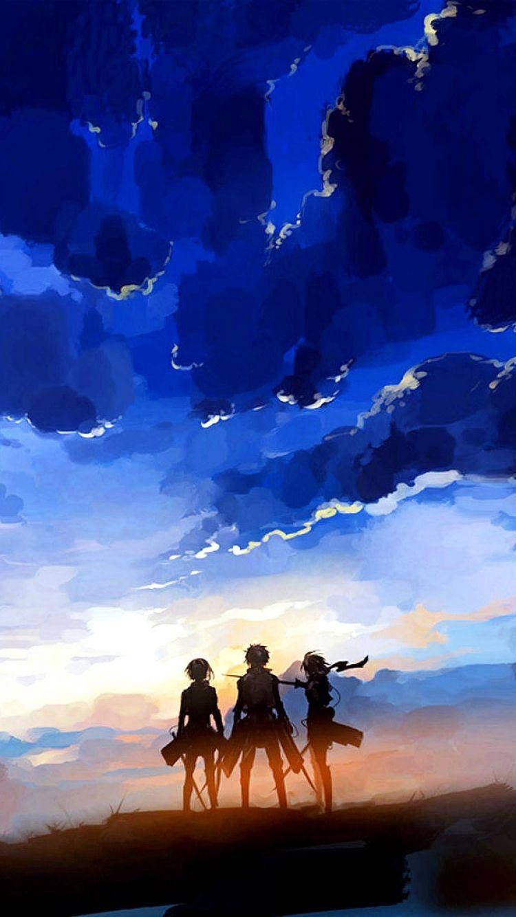 Eren Jäger, Mikasa Ackerman, Armin Arlert, Attack on Titan, Silhouetten, Abendhimmel, HD-Handy-Hintergrundbild