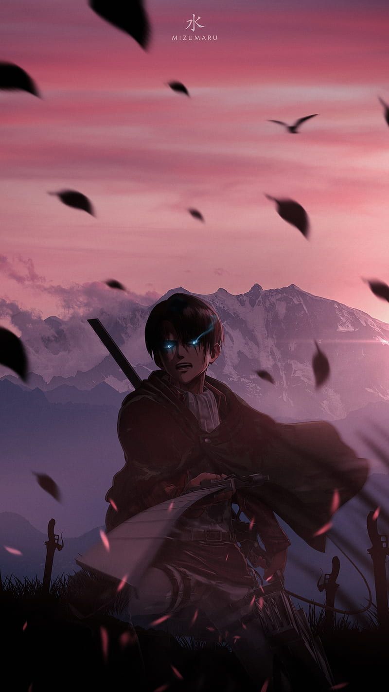 Eren Jäger, Attack on Titan, Blätter, Rosa Himmel, Vögel, HD, iPhone-Hintergrundbild