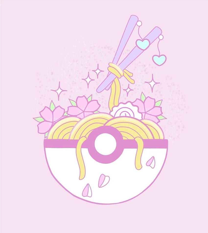 Pokéball, Ramen, Kirschblüten, Pastellrosa, Hintergrundbild für iPad und Tablet