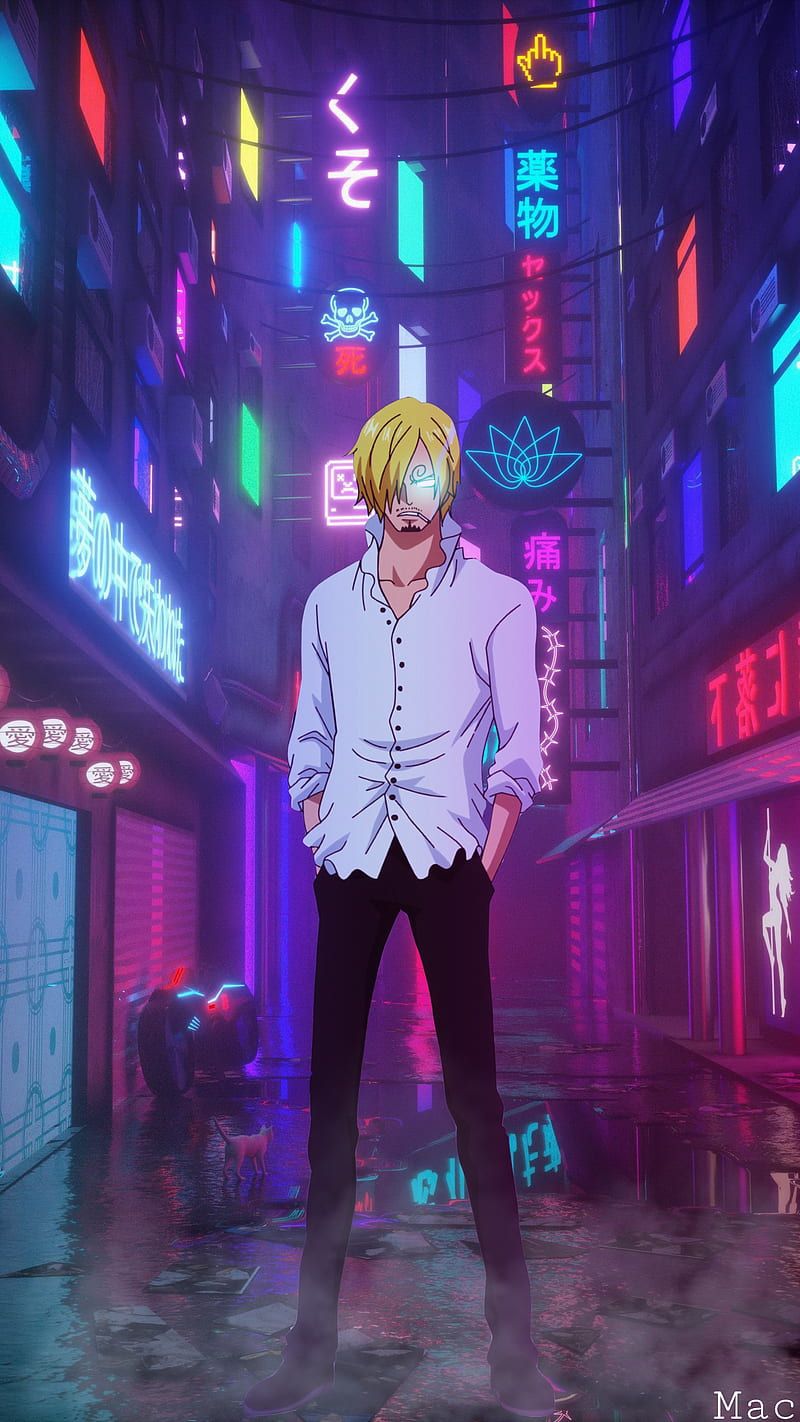 Sanji, One Piece, Neon, Gasse, Cyberpunk, HD, Handy-Hintergrund im Hochformat