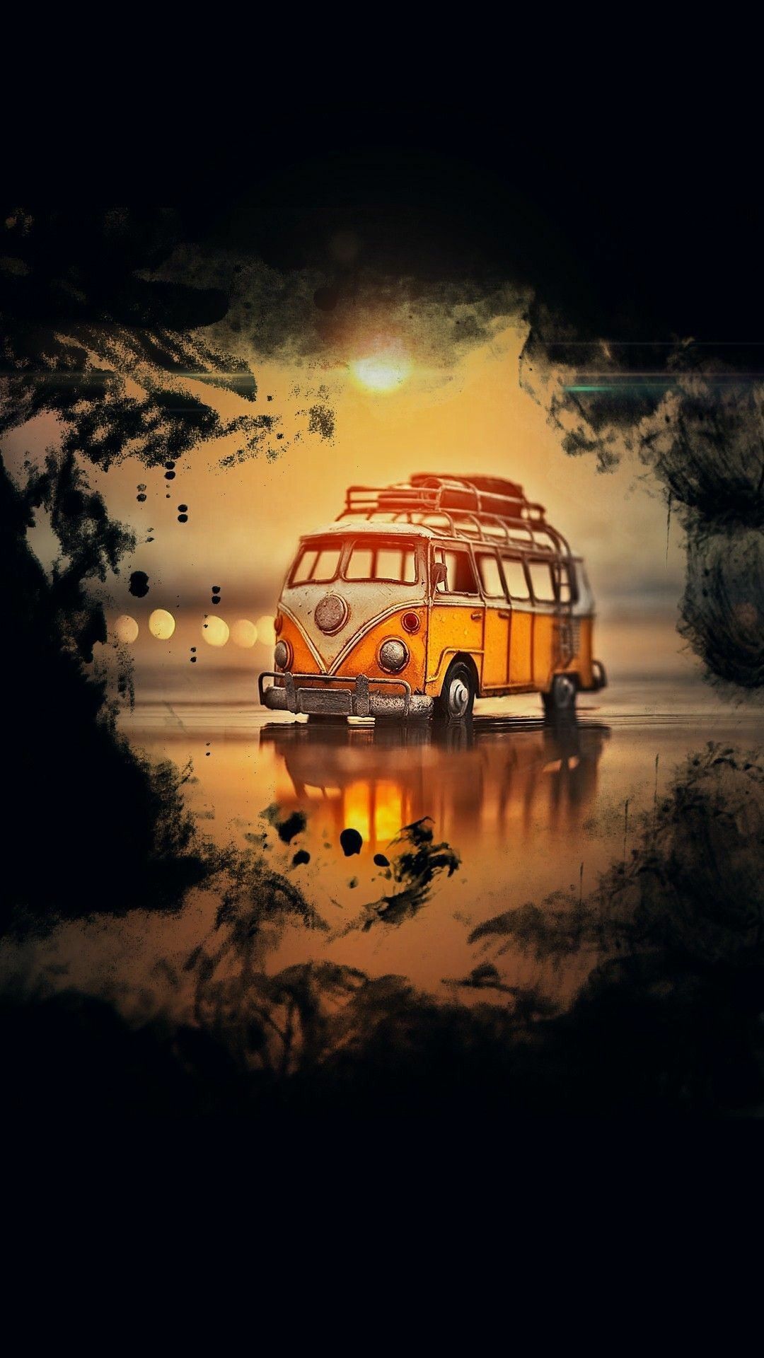VW Bus, Bulli, Spiegelung, Goldenes Licht, Fantasy, Dunkle Töne, Full HD, iPhone-Hintergrundbild