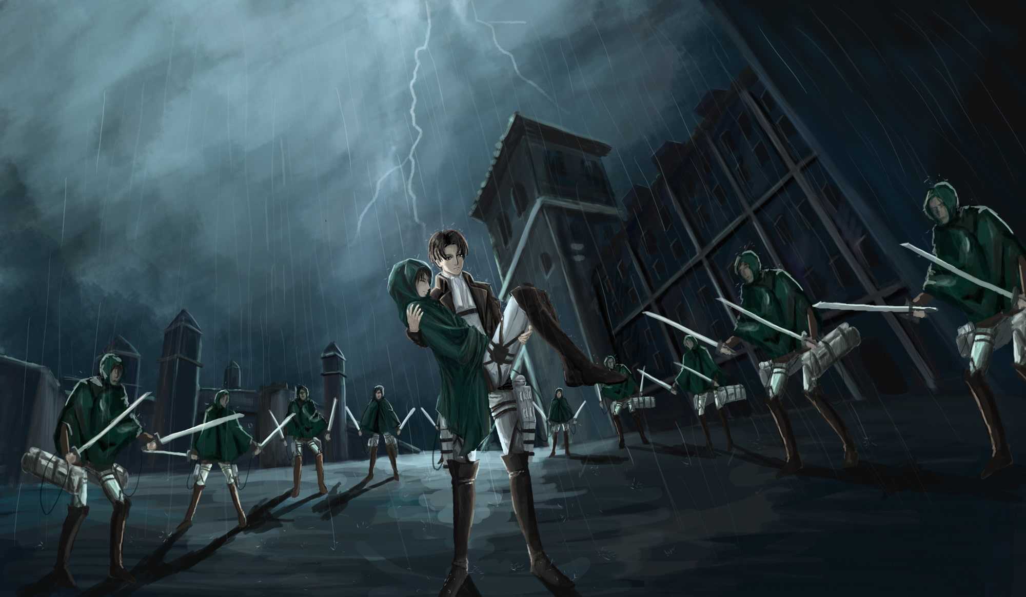 Levi Ackerman, Attack on Titan, Aufklärungstrupp, Gewitter, Regen, Nacht, Full HD, PC-Hintergrundbild