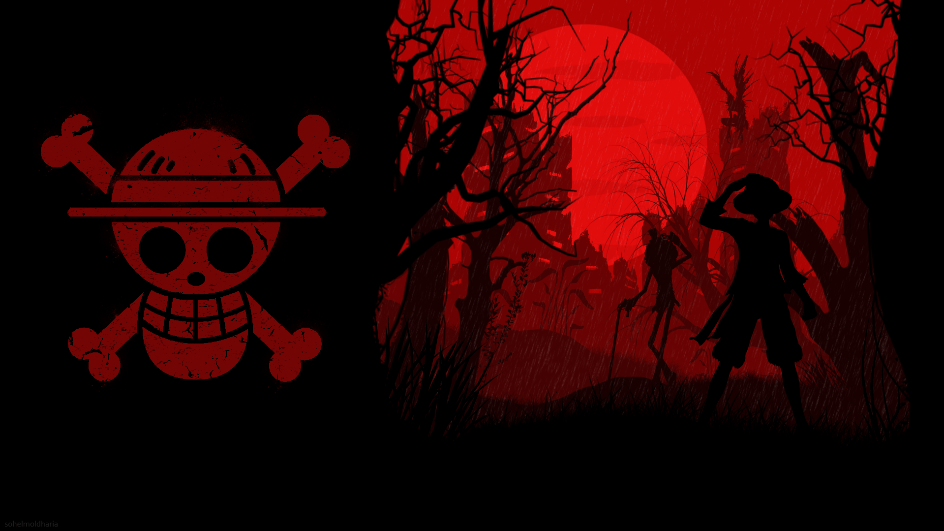 Jolly Roger, Strohhutbande, One Piece, Roter Mond, Silhouette, HD, Breitbild-Hintergrundbild