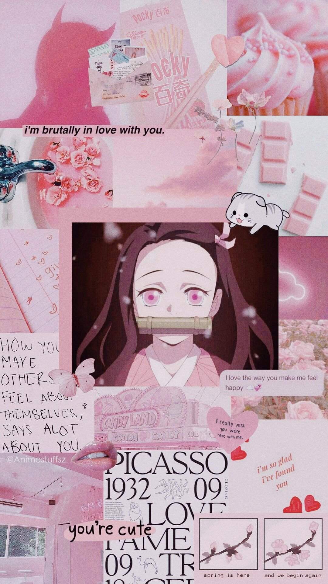 Nezuko Kamado, Demon Slayer, Collage, Rosa, Ästhetik, Full HD, Sperrbildschirm fürs iPhone