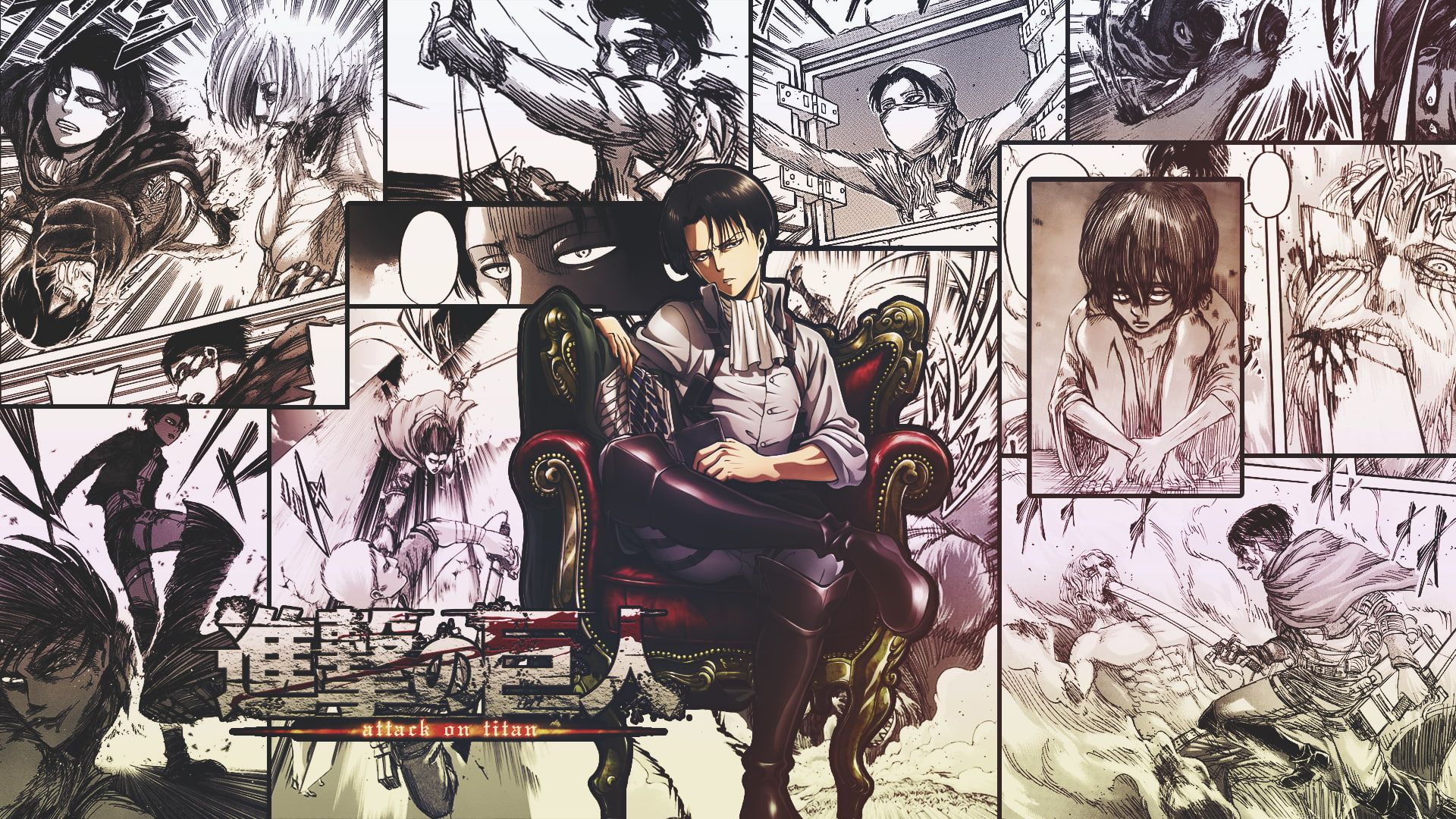 Attack on Titan, Levi Ackerman, Manga-Collage, Schwarz-Weiß, Logo, 1920x1080, PC-Hintergrundbild