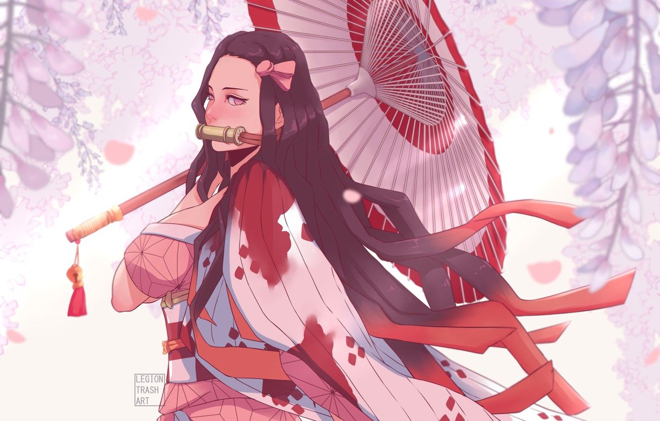 Nezuko Kamado, Demon Slayer, Papierschirm, Glyzinien, Pastellfarben, HD, PC-Hintergrundbild
