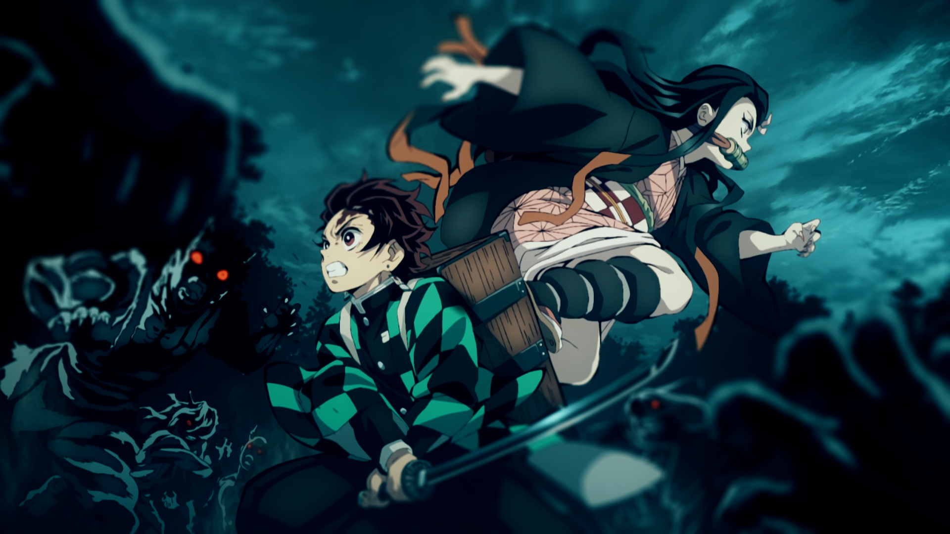 Tanjiro Kamado, Nezuko Kamado, Demon Slayer, Dämon, Kampf, Petrol, Full HD, PC-Hintergrundbild