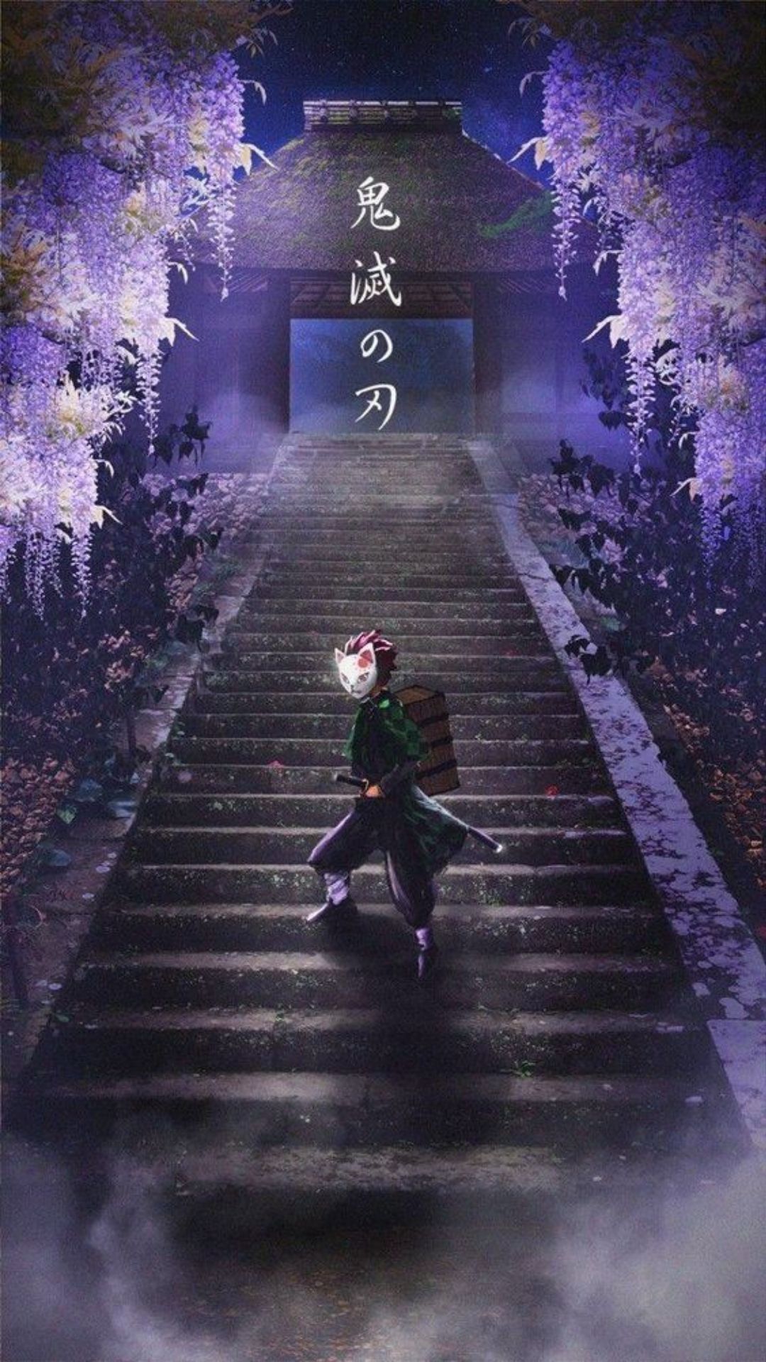 Demon Slayer, Treppe, Glyzinien, Torii, Nacht, Hintergrundbild für iPhone und Android