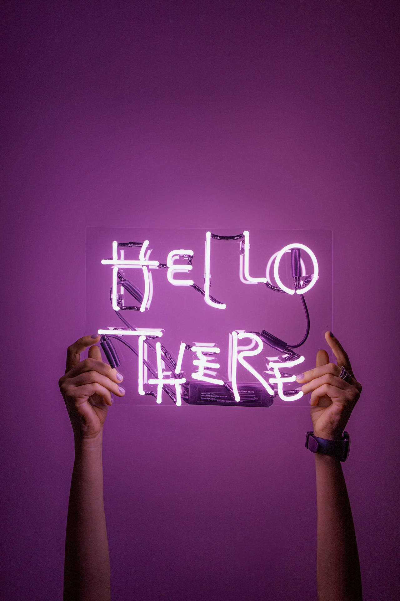 Hello There, Neonschrift, Hände, Lila, Schriftzug, Full HD, Hintergrundbild fürs Handy